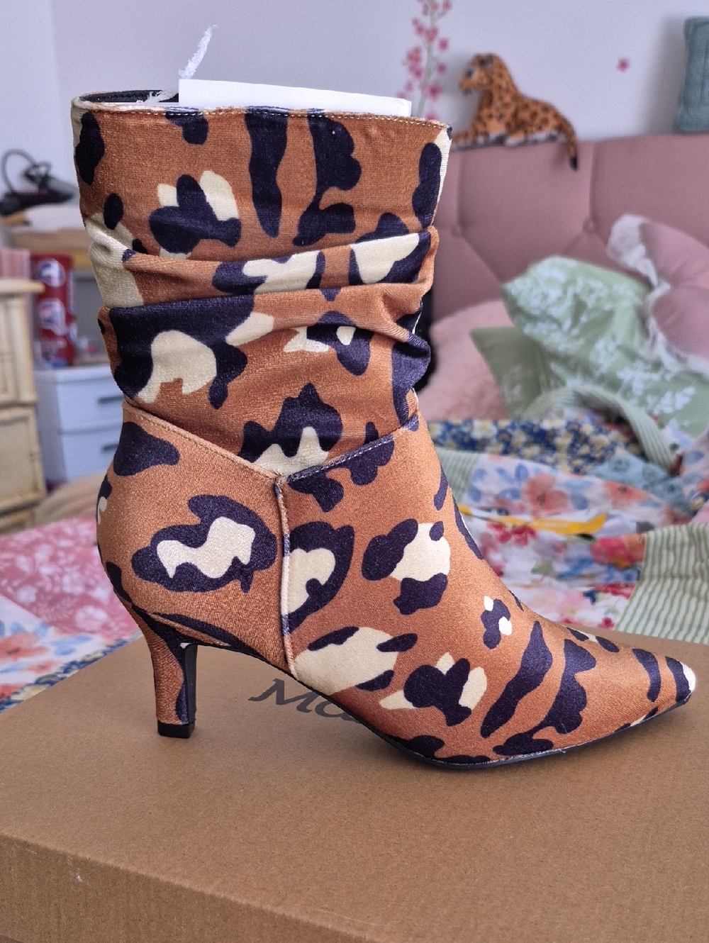 Masseys Velvet Animal Print Ankle Boots